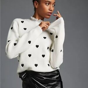 LIKE NEW Anthropologie Cream Sweater with Black Hearts